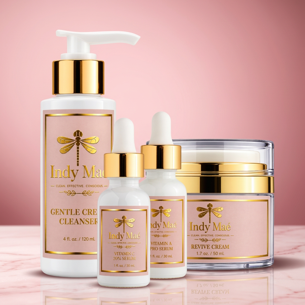 A skincare set from Indy Maé featuring a Gentle Cream Cleanser pump bottle, a Vitamin A Pro Serum dropper bottle, and a Revive Cream jar, all in white and gold packaging with pink labels, arranged on a solid pale pink background.