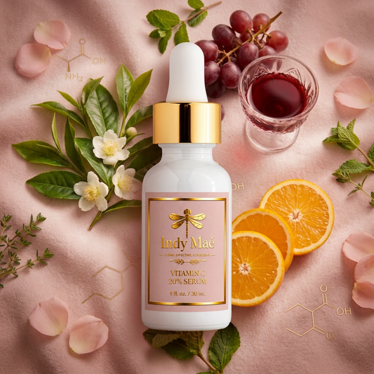 Indy Maé Vitamin C 20% Day Renewal Serum in a beautiful white glass dropper bottle surrounded with wine extract, green tea antioxidants and amino acids