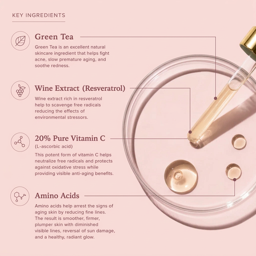An infographic detailing the key ingredients of a skincare serum: Green Tea, Wine Extract (Resveratrol), 20% Pure Vitamin C, and Amino Acids. The image features a close-up of a clear dropper dispensing golden-yellow liquid into a glass dish, set against a light beige background with descriptive text and icons.